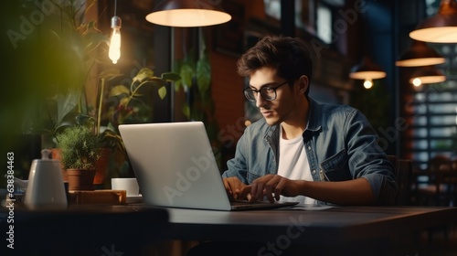 Man working on laptop, boy freelancer or student with computer in cafe at table looking in camera