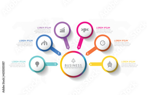 Vector infographic business presentation template with circular interconnection with 6 options.