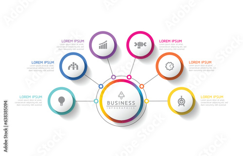 Vector infographic business presentation template with circular interconnection with 6 options.