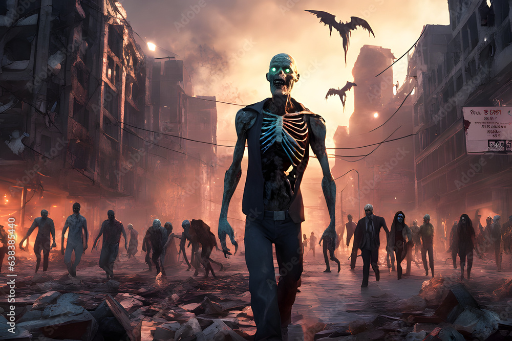 Zombie horde. Zombie apocalypse scene. Generative Ai Zombie horde. Zombie apocalypse scene. Generative Ai