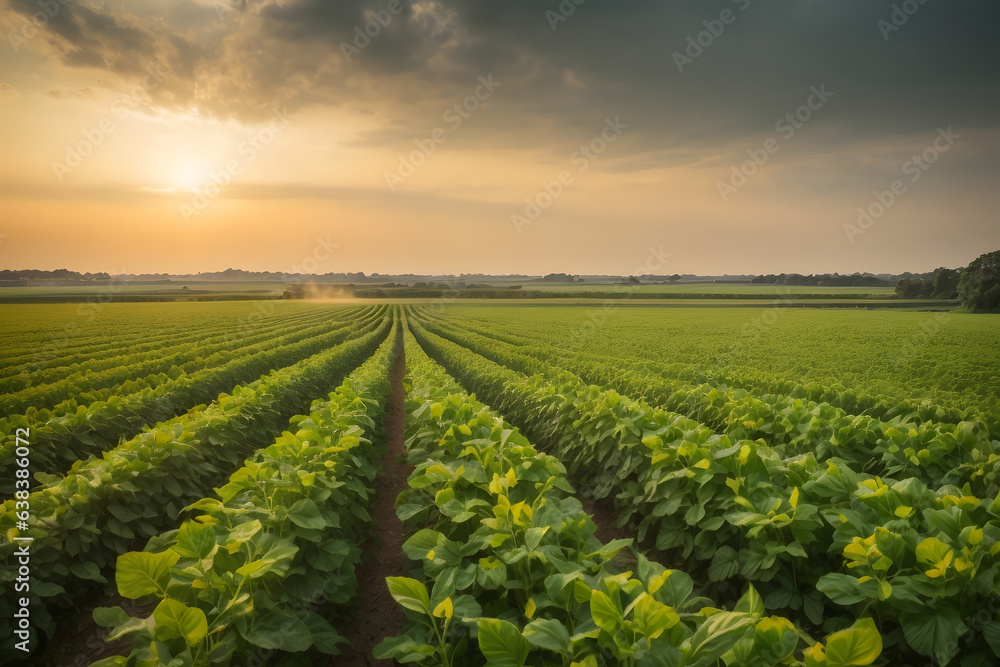 Soybean field ripening at spring season, agricultural landscape.