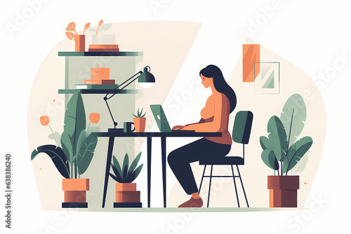 Woman Working Behind Laptop in Simplified Home Office, AI Generative