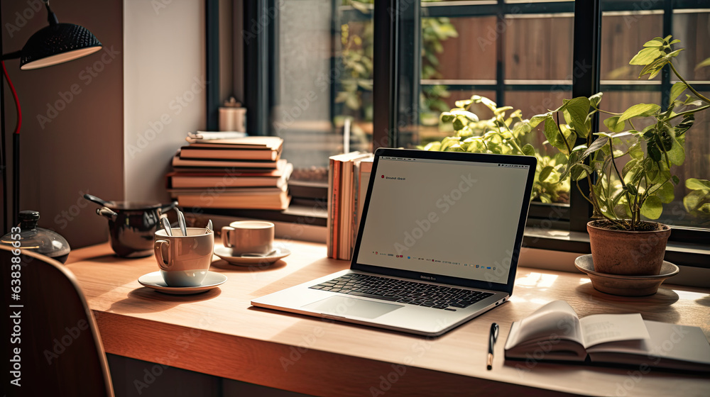 A cozy home office setup with a sleek modern desk, notebook, coffee - Generative AI A cozy home office setup with a sleek modern desk, notebook, coffee - Generative AI