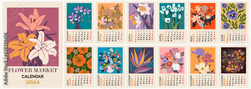 Floral calendar template for 2024. Vertical design with abstract Flower Market poster designs. Vector illustration page template A3, A2 for printable wall monthly calendar. Week starts on Sunday.