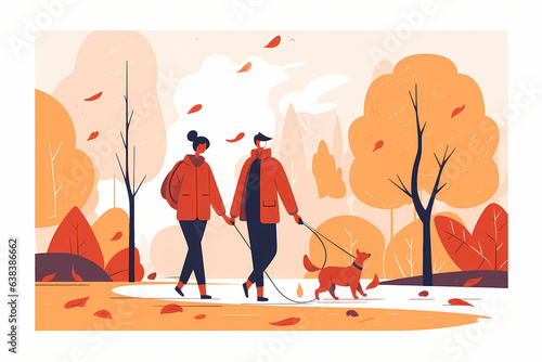Couple walking in the park in in autumn, AI Generative