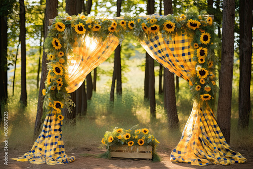 Wedding arch with sunflower flowers in the forest