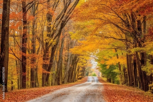 A charming country road flanked by trees ablaze with vibrant autumn colors, beckoning you to take a scenic drive