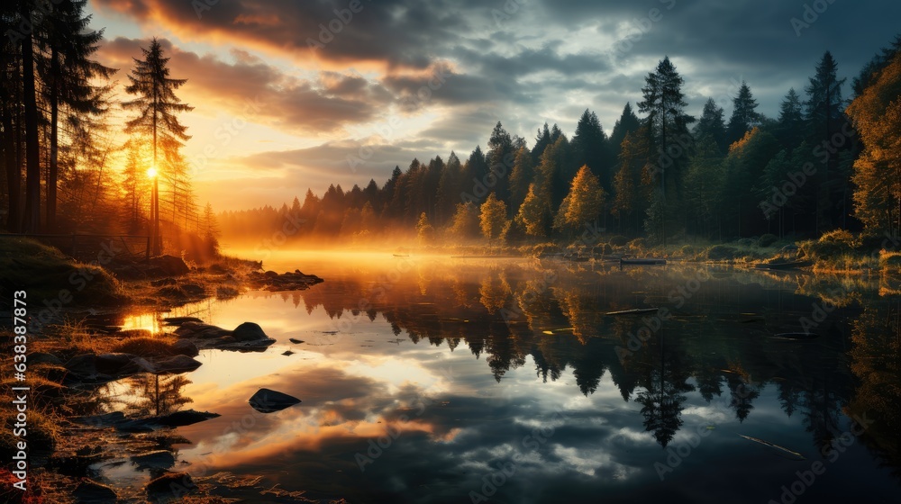 A stunning sunrise over a misty lake, with trees reflecting their autumn hues in the calm water
