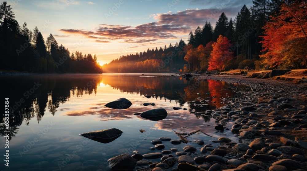 A stunning sunrise over a misty lake, with trees reflecting their autumn hues in the calm water