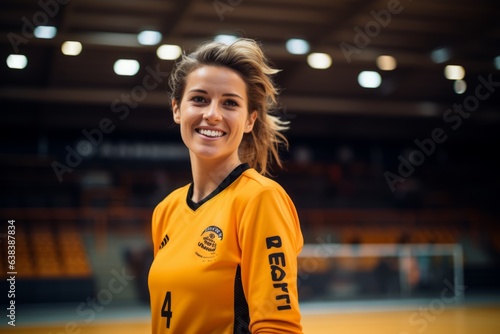 Portrait of a female volleyball player smiling at the camera at the stadium
