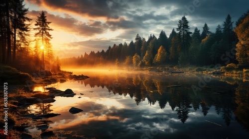 A stunning sunrise over a misty lake, with trees reflecting their autumn hues in the calm water © Volodymyr Skurtul