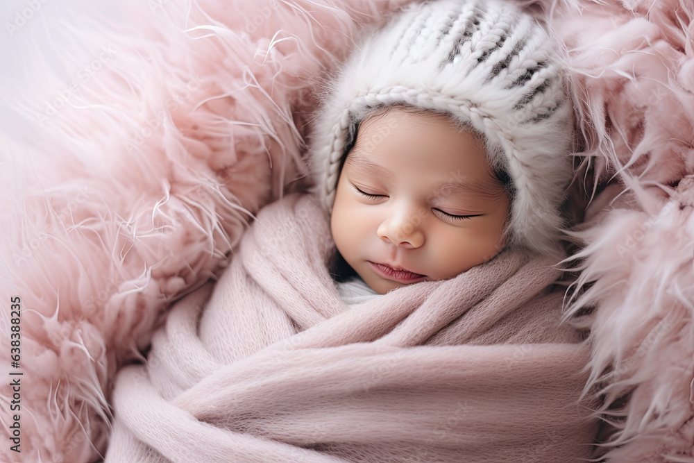 Cute little newborn baby girl sleeping, wearing cute knitted hat, pink fur blanket Cute little newborn baby girl sleeping, wearing cute knitted hat, pink fur blanket