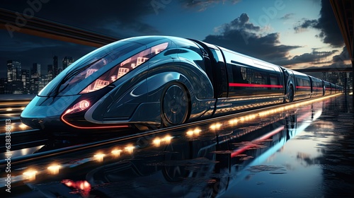 Futuristic bullet train or hyperloop ultrasonic train cabsul with full self driving system activated for fast transportation and autonomy concepts as wide banner with copy space area © Volodymyr Skurtul