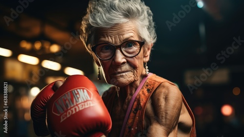 Portrait of old woman with boxing gloves