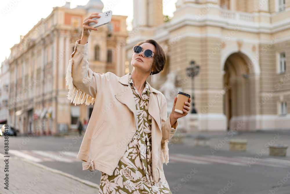 Fototapeta premium stylish beautiful woman walking in city street summer fashion trend