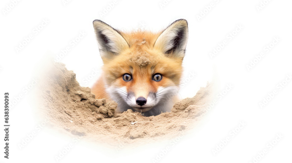 Playful red fox cub photo realistic illustration - Generative AI. Playful red fox cub photo realistic illustration - Generative AI.