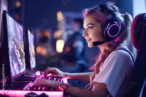 Portrait of a gamer girl with headphones and microphone playing online video games on her personal computer. Esport online gaming technology concept with warm LED neon lights in the room. 