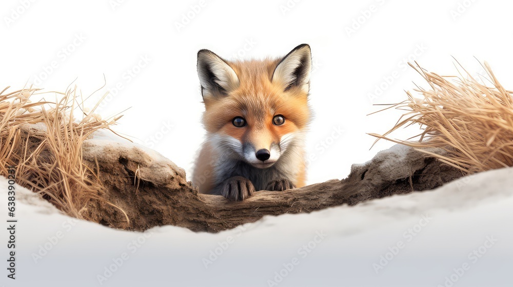 Fototapeta premium Playful red fox cub photo realistic illustration - Generative AI.