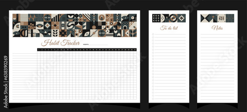 Planners set geometry. Habit tracker, to do list and notes planners. Planners printable template with geometric shapes. Blank white notebook page A4. Vector illustration. photo