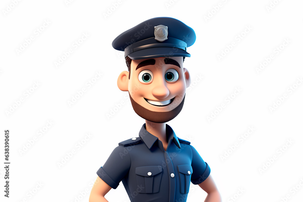 Handsome cartoon policeman man on white isolated background. Pictures for children. AI Generated Handsome cartoon policeman man on white isolated background. Pictures for children. AI Generated
