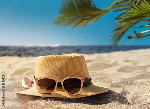 Tropical beach: palm tree, sand, sea, sky, vacation, relaxation, fashion accessory, sunglasses, hat © Manuel Milan