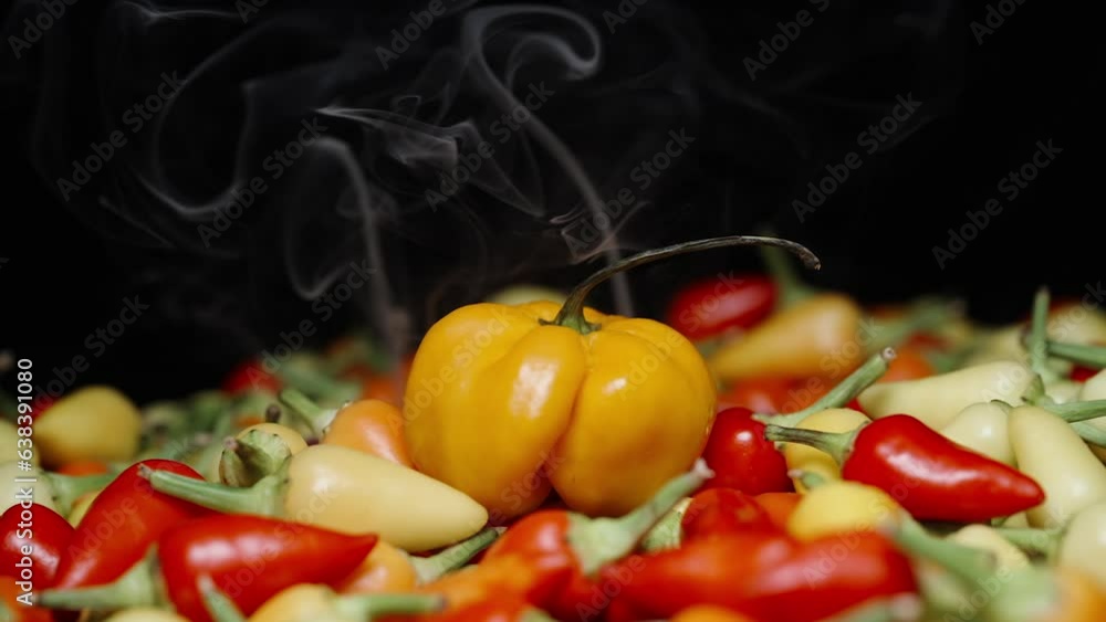 Yellow Habanero pepper and its smoke. A scattering of multicolored peppers. Yellow Habanero pepper and its smoke. A scattering of multicolored peppers.