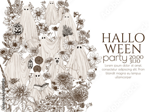 Vector template of halloween invitation with different ghosts in flowers in engraving style. Ghost with a book, with a lamp, with a bouquet, with a candy, with halloween pumpkin, ghost cat