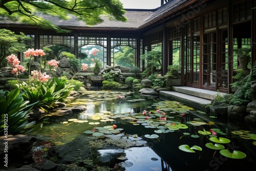 Serene Garden Pond with Koi Fish Gliding Through the Crystal-clear Water, Generative AI