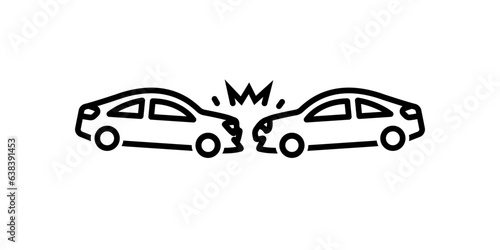 Collision of cars. Car crash icon. Damaged transport. City drive disaster. Line art icon. Line with Editable stroke