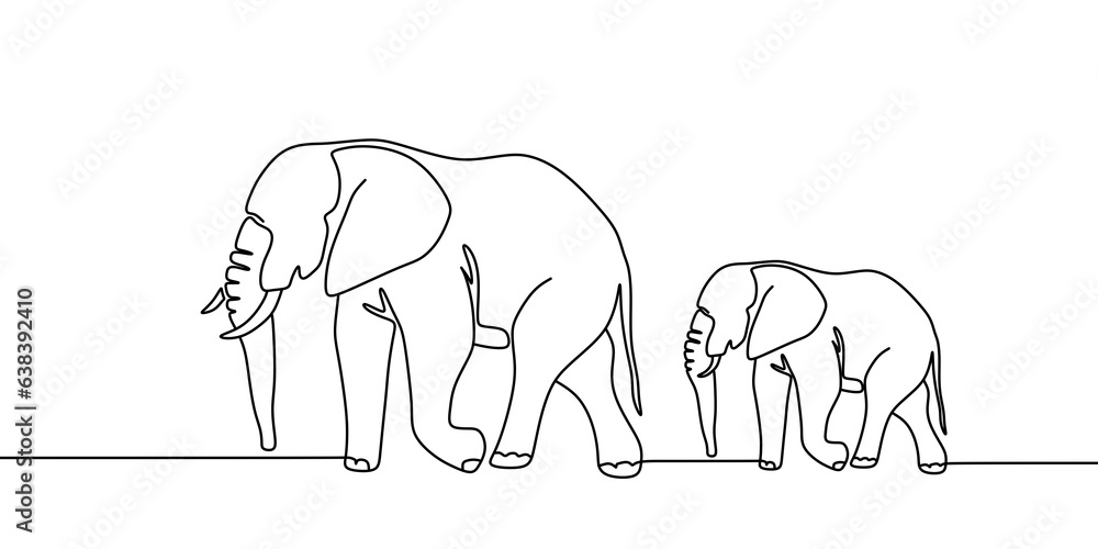 Elephant with baby symbol. one line drawing