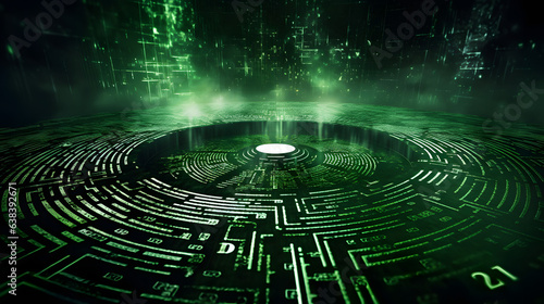 green Bitcoin symbol transcends the matrix confines photo