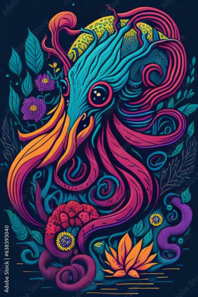 A detailed illustration of a Kraken for a t-shirt design, wallpaper, fashion