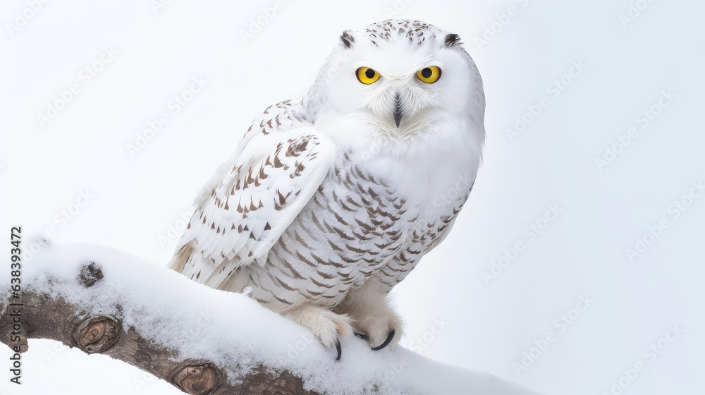 Solitary snow owl photo realistic illustration - Generative AI. Solitary snow owl photo realistic illustration - Generative AI.