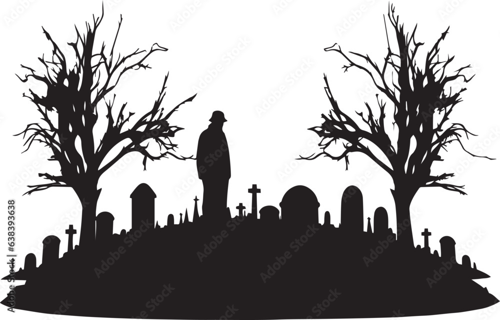 Sketch of a grave or cemetery, a man sitting near a grave, a resting place, an old stone