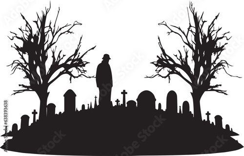 Sketch of a grave or cemetery, a man sitting near a grave, a resting place, an old stone tombstone with a Christian cross, vector illustration, SVG