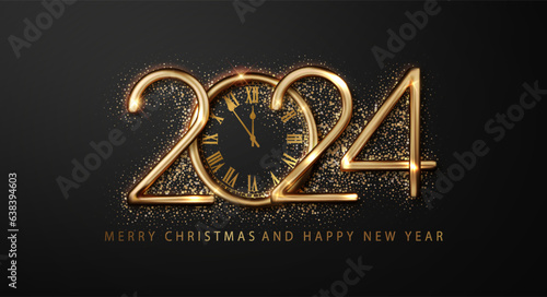 2024 clock and fireworks create luxurious, dark backdrop to welcome Happy New Year. Striking christmas design for a beautiful holiday banner.