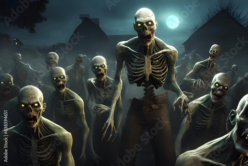 Zombies horde in the suburbs. Zombie apocalypse scene. Generative Ai