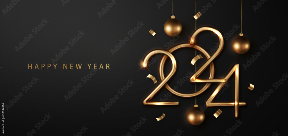 2024 New Year elegant card design featuring gold and black with golden balloons, confetti, and ribbons. Ideal for holiday greetings, invitations, and Christmas celebrations. - obrazy, fototapety, plakaty 