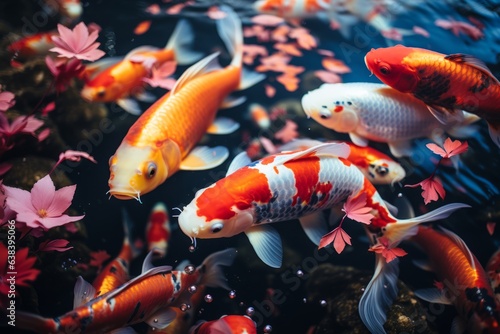 Group of Colorful Koi Fish Gathered Near The Water's Surface, Reflecting Their Brilliant Hues, Generative AI