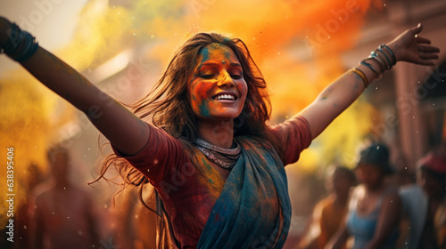 Indian woman dancing in the street of India, Holi festival, multi-colored powder 