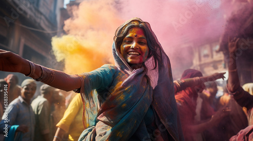 Indian woman dancing in the street of India, Holi festival, multi-colored powder 