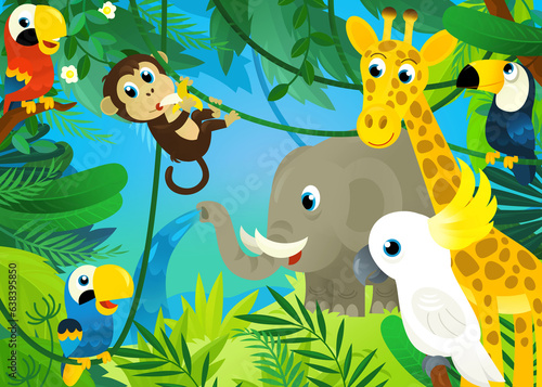 cartoon scene with jungle and animals being together with parrot illustration for children