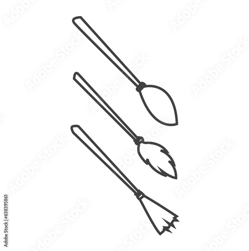 Set of flying broom icons, Traditional witch symbol, helloween icon, Broom for flying isolated on a white background, magic object for party for Halloween. Wooden broom with various twigs and ornamen