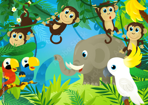 Fototapeta Naklejka Na Ścianę i Meble -  cartoon scene with jungle and animals being together with parrot illustration for children