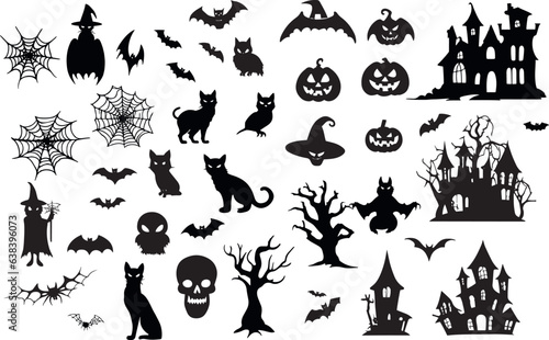 set of silhouettes for halloween design on white background simple detailed traced