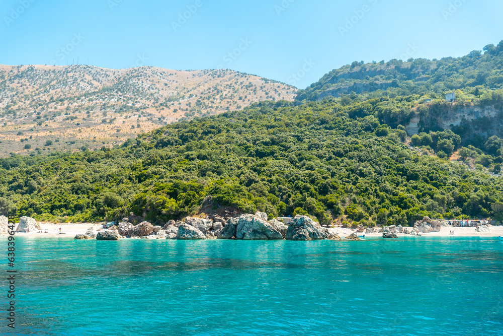  Paradise beach of Kroreza or Krorez seen from the boat on the Albanian riviera in Sarande, Albania