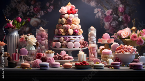 A table overflows with an array of delectable treats, from cupcakes and macarons to candies and cookies. The highly detailed photography captures the textures, colors and intricate designs.