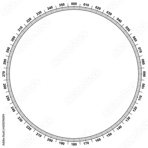 Kompass Skala Vektor. 360 Grad..
Symbol für Marine-, Seefahrt - oder Trekking-Navigation oder zur Verwendung in einer Landkarte.
Isolierter Hintergrund.