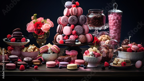 A table overflows with an array of delectable treats, from cupcakes and macarons to candies and cookies. The highly detailed photography captures the textures, colors and intricate designs.