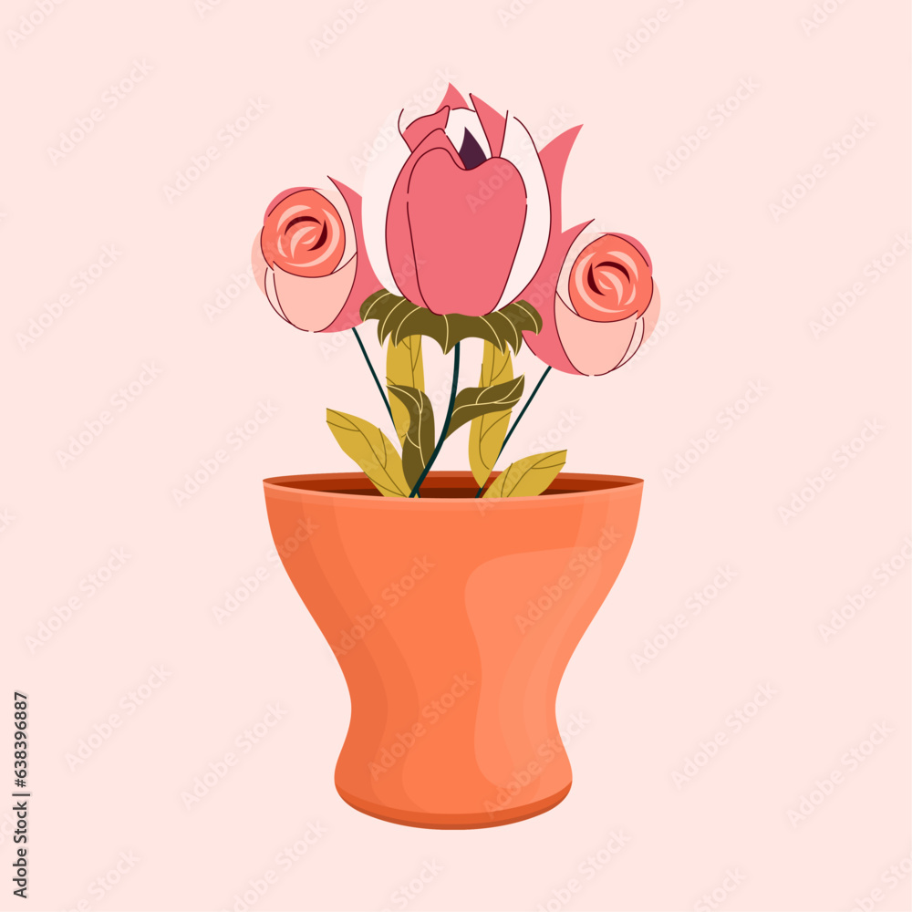 Pot of roses in a flat style. Vector stock illustration. isolated. Delicate background. Plant and leaf. hand drawn.